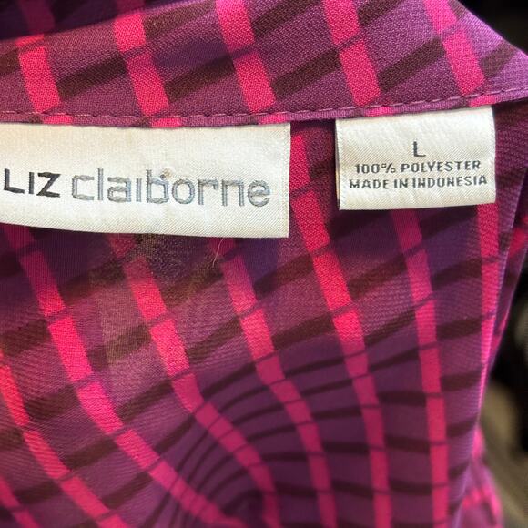 Liz Claiborne Vibrant Purple Pink Sheer Button Up Blouse Cross Plaid Large - Picture 6 of 8